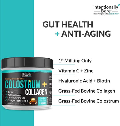 Intentionally Bare Colostrum and Collagen Powder - Colostrum Supplement with Biotin and Collagen Peptides - Colostrum Powder for Skin, Joint and Gut - Brewed Coffee Collagen Supplements 60 Servings
