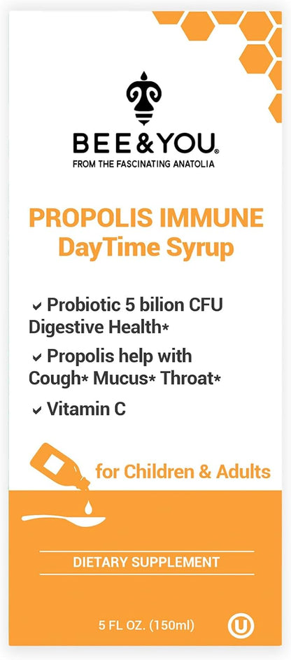 Bee and You Propolis Immune Day Time Syrup with Probiotic, Vitamin C, Immune Support, Digestive Health, Antioxidants, Gut Health 5 Fl Oz