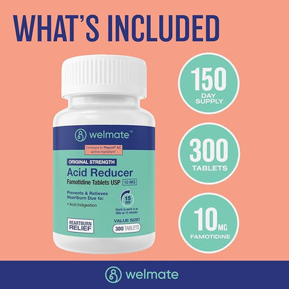 WELMATE - Famotidine Acid Reducer, 10mg - Original Strength - Heartburn Relief - Acid Indigestion - Stomach Relief - Works in 15 Minutes - Generic Medication - Value Size - 300 Tablets