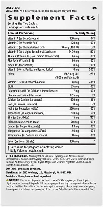 GNC Women's Prenatal Multivitamin Formula with Iron | Supports Pregnancy and Healthy Baby Development | Essential Nutrients Folic Acid, Zinc, Calcium Plus B Vitamins | 120 Caplets