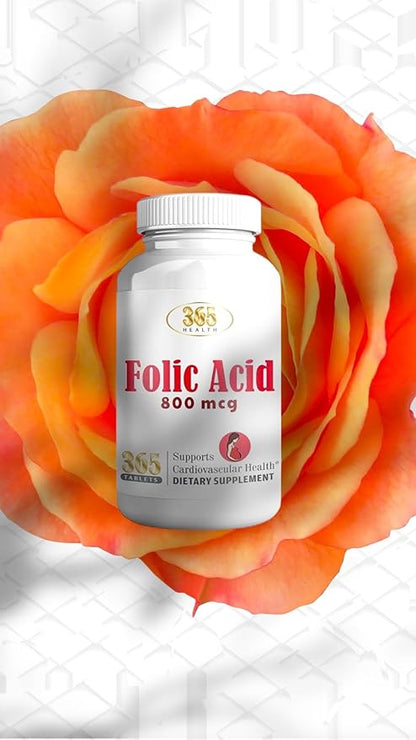 365 Health Folic Acid 800mcg (0.8mg) Vitamin B9-365 Tablets I Supports Cardiovascular, Essential Prenatal & Postnatal Vitamin, Non-GMO and Vegan