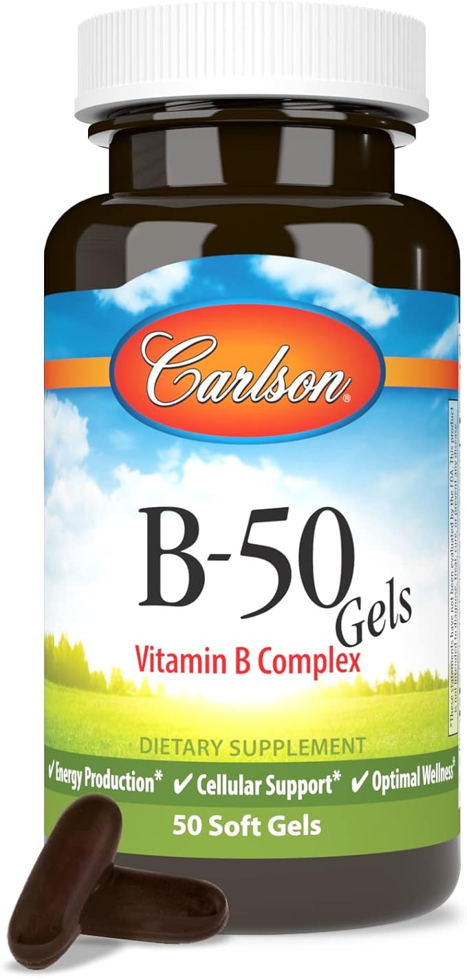 Carlson - B-50 Gels, Vitamin B Complex, Energy Production, Cellular Support & Optimal Wellness, 50 Softgels