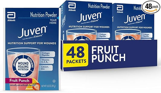 Juven Therapeutic Nutrition Drink Powder Including Collagen Peptides, Amino Acids, and HMB For Wound Healing Support, Fruit Punch, 48 Packets