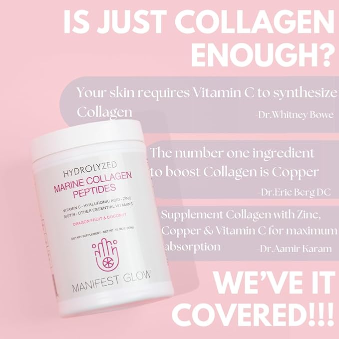 Marine Collagen Peptides - Dragon Fruit, Coconut Water, Pineapple - Vitamin C Hyaluronic Acid Copper Zinc Biotin Niacin D3 B-Complex - Hair Skin & Nails, 30 Servings