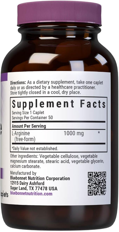 Bluebonnet Nutrition L-Arginine 1000mg, Free-Form Amino Acid, Nitric Oxide Precursor, Gluten-Free, Non-GMO, Kosher Certified, Vegan, 50 Caplets, 50 Servings