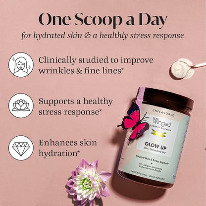 Winged Glow Up Collagen Powder 3 Pack | Hair, Skin, Nails & Stress Relief for Women | Grass Fed Collagen Peptides w/Adaptogen Schisandra, Snow Mushroom, Vitamin C & Biotin | Unflavored (75 Servings)