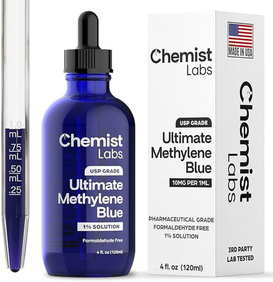 Methylene Blue | 1% USP Grade Solution | 4oz Liquid Drops | Pharmaceutical Grade | Cellular Energy & Mitochondrial Support | Formaldehyde Free | Made in USA (4oz)