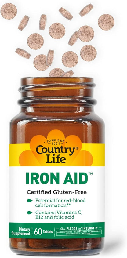 Country Life - Iron Aid, with Vitamins C, B-12, and Folic Acid - 60 Tablets