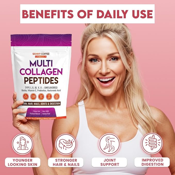 Multi Collagen Peptides - Unflavored Collagen Peptides Protein Powder, Type I,II,III,V,X with Biotin, Hyaluronic Acid, Vitamin C For Women & Men, Supports Skin, Nails & Joint, Non-GMO (41 Servings)