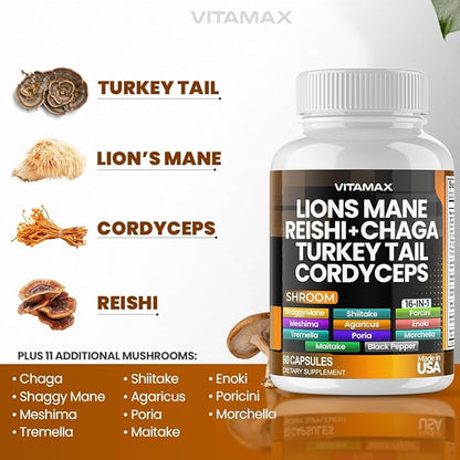Lions Mane Mushroom, Turkey Tail, Chaga & Reishi, Cordyceps Shiitake White Elm King Trumpet Nameko Oyster Porcini Focus & Energy - Made in USA