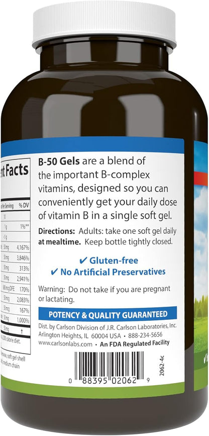 Carlson - B-50 Gels, Vitamin B Complex, Energy Production, Cellular Support & Optimal Wellness, 200 Softgels