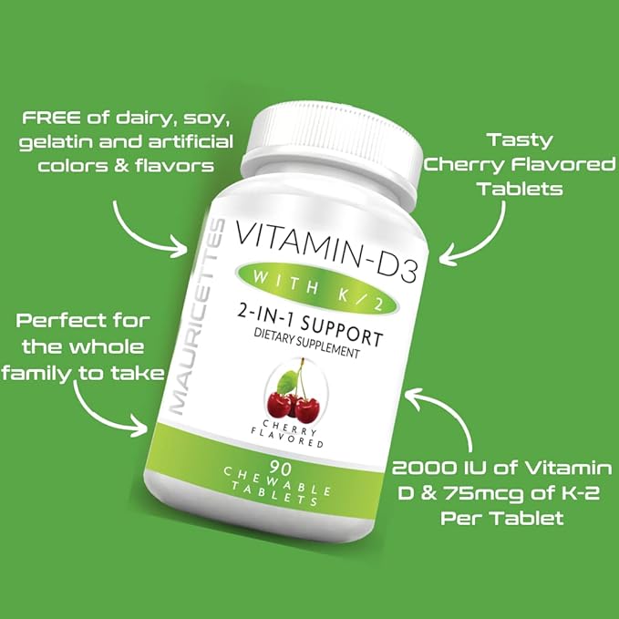 Chewable Vitamin D3 with K2 – 2-in-1 Bone & Heart Health Support – Immune Booster – Natural Cherry Flavor – 90 Tablets for Adults & Kids