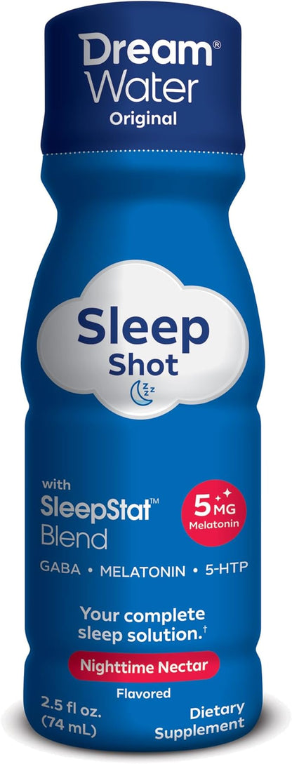 Dream Water Sleep Aid Supplement Drink; Melatonin 5mg, GABA, 5-HTP; Zero Sugar, Natural Flavors, No Added Colors, 2.5 oz Liquid Sleep Shots, Nighttime Nectar, 12-Count