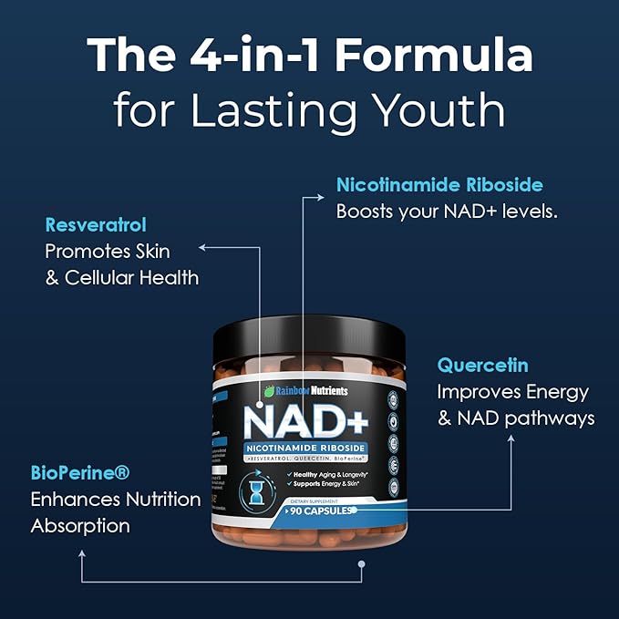 13,510mg NAD+ Supplement- Nicotinamide Riboside, Resveratrol, Quercetin & BioPerine® (High Absorption)- Natural NAD Booster for Anti-Aging, Cellular Energy, Skin- For Women & Men- 90 V Capsules