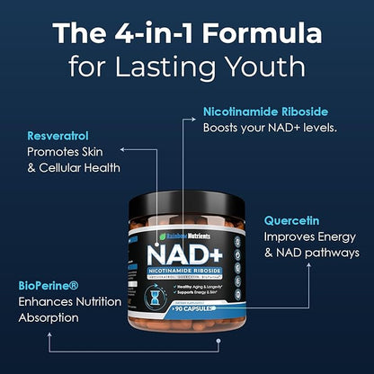 13,510mg NAD+ Supplement- Nicotinamide Riboside, Resveratrol, Quercetin & BioPerine® (High Absorption)- Natural NAD Booster for Anti-Aging, Cellular Energy, Skin- For Women & Men- 90 V Capsules