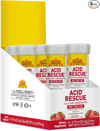 Country Life Acid Rescue On-The-Go Chewable Tablets - Certified Vegan & Gluten-Free Heartburn Relief, 400mg Calcium & Magnesium, Non-GMO, Sugar-Free Berry Flavor, Supports Bone Health, 8 Pack