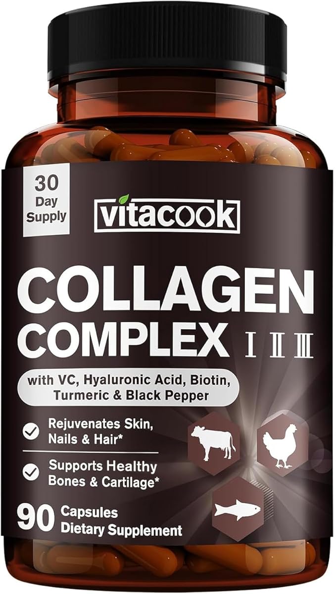 Collagen Peptides Complex, Type I, II, III, 2025 MG, Hydrolyzed Multi Collagen, VC, Biotin, HA, Turmeric & Black Pepper, for Skin, Hair, Nails, 90 Caps