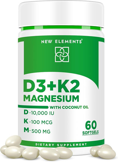 Vitamin D3 K2 10000iu with Magnesium Glycinate 500mg - Bone Health, Immune Support, Energy & Mood - Non-GMO, Gluten-Free, Sugar-Free Softgels for Women & Men