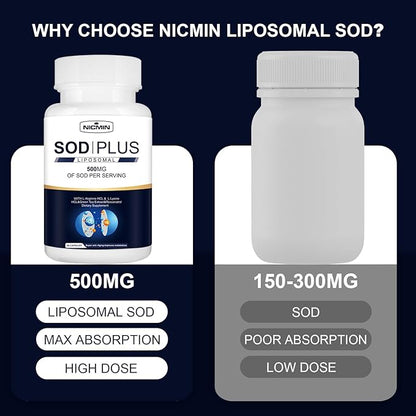 Superoxide Dismutase Supplement 500mg - SOD Plus with liposomal glutathione, AKG, Green Tea Extract, L-Arginine, Lysine, Resveratrol and Vitamin E for Immune Support, Antioxidant 60 Capsules