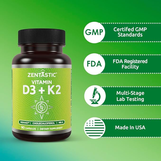 Zentastic Vitamin D3 K2, 5000IU & 200mcg, Vitamin D & Patented MK7 & MK4 for 3-in-1 Complex Support - Vegetarian, Non-GMO, 90 Caps
