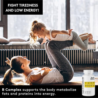 Youth & Tonic Super B Complex B-100 with Choline, Inositol & PABA – High Potency B1, B2, B3, B5, B6, Biotin & B12 – Energy, Mental Clarity, Stress & Nervous System Support – 1-Month Supply