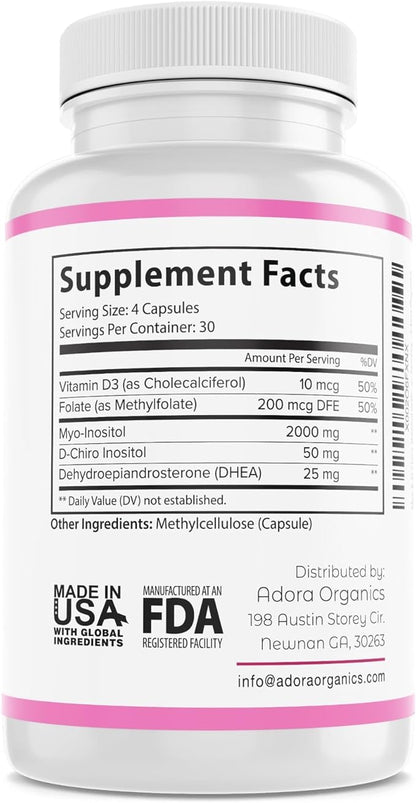 Myo& D-Chiro Inositol Supplement, with Folate and Vitamin D, 40 to 1 Ratio, Includes DHEA, Helps in Hormone Balance, Ovarian Function, 2050mg per Serving, 120 Capsules