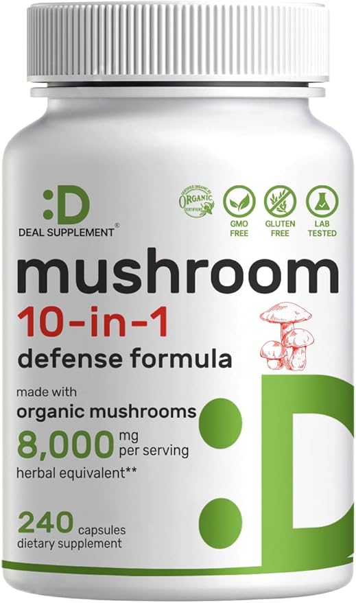 Organic 10-in-1 Mushroom Supplement 8,000mg Per Serving, 240 Capsules – Lions Mane, Turkey Tail, Reishi, Cordyceps & More Mushroom Complex – Immune, Energy & Nootropic Brain Support – Non-GMO