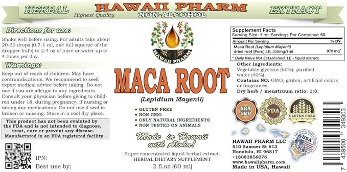 Hawaii Pharm Maca Root Alcohol-Free Liquid Extract, Organic Maca (Lepidium Meyenii) Whole Dried Plant Glycerite Natural Herbal Supplement, USA 2oz