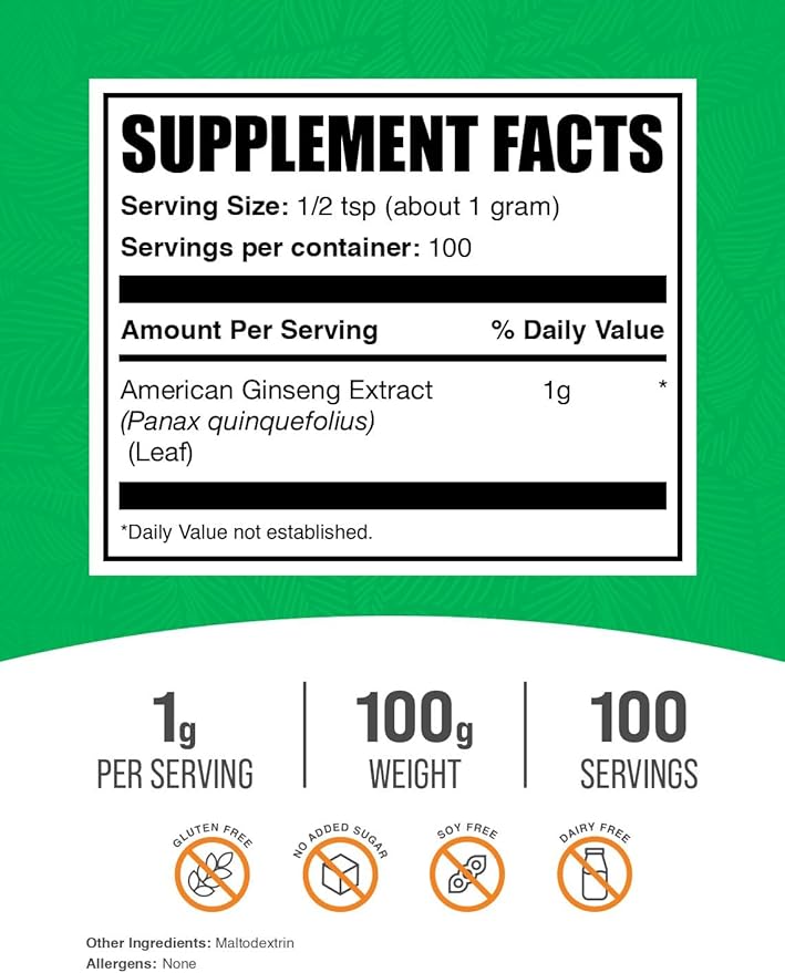 BulkSupplements.com American Ginseng Extract Powder - Ginseng Supplement, Herbal Supplements - Gluten Free, 1g per Serving, 100g (3.5 oz) (Pack of 1)