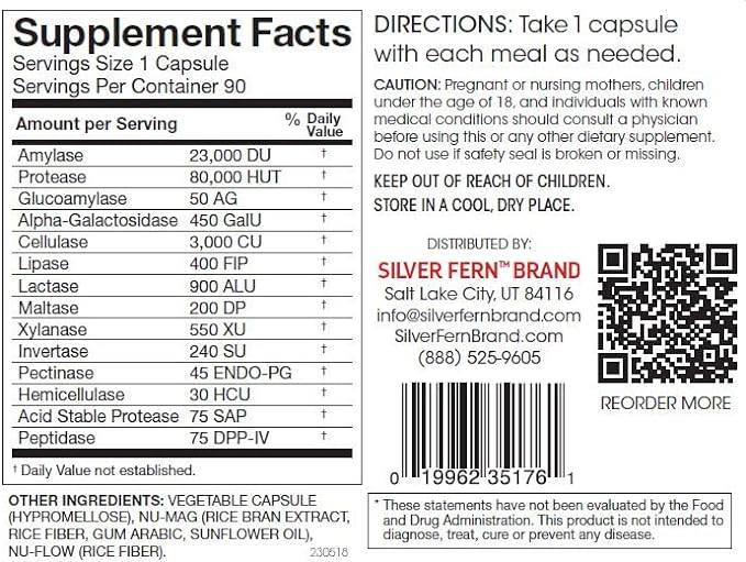 Silver Fern Brand Ultimate Digestive Enzyme Supplement - 1 Bottle = 90 Capsules - High Potency, Multi Enzyme - Digestive Comfort & Food Tolerance - Hemicullulase, Peptidase, Maltase, More