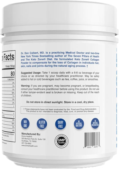 Keto Zone Dr. Colbert MD Hydrolyzed Collagen Powder | Unflavored | by Divine Health | Chicken & Marine Collagen Peptides | Hair, Skin and Nails Support