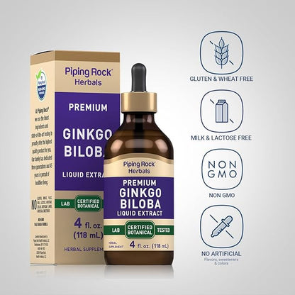 Piping Rock Ginkgo Biloba Supplements | 4 fl oz | Premium Liquid Herbal Extract | Certified Botanical | Non GMO, Gluten Free