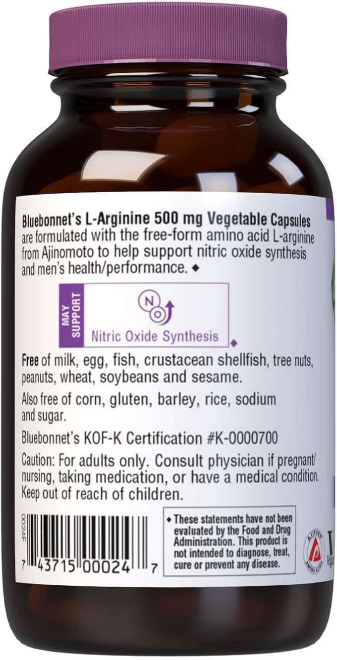 Bluebonnet Nutrition L-Arginine 500mg, Free-Form Amino Acid, Nitric Oxide Precursor, Soy-Free, Gluten-Free, Non-GMO, Kosher Certified, 50 Vegetable Capsules, 50 Servings