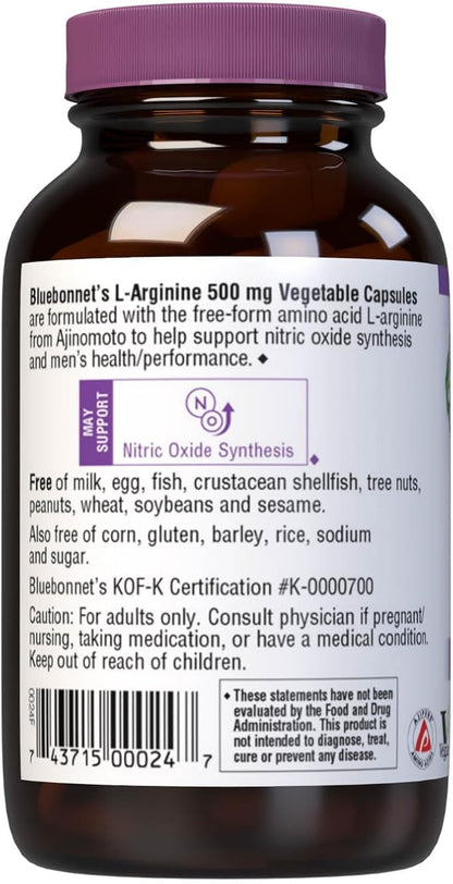 Bluebonnet Nutrition L-Arginine 500mg, Free-Form Amino Acid, Nitric Oxide Precursor, Soy-Free, Gluten-Free, Non-GMO, Kosher Certified, 50 Vegetable Capsules, 50 Servings