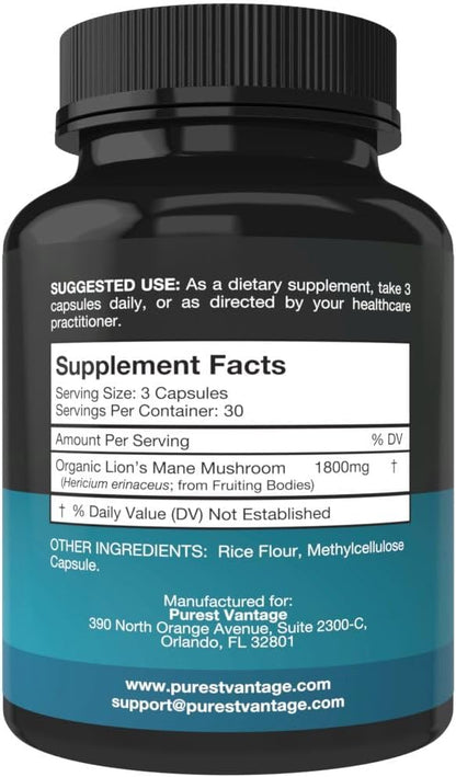 Organic Lions Mane Mushroom Capsules - 1800mg Lion's Mane Mushroom Supplement Grown in USA - Nootropic Brain Supplement and Immune Support - Lions Mane Extract Powder - 90 Veggie Caps