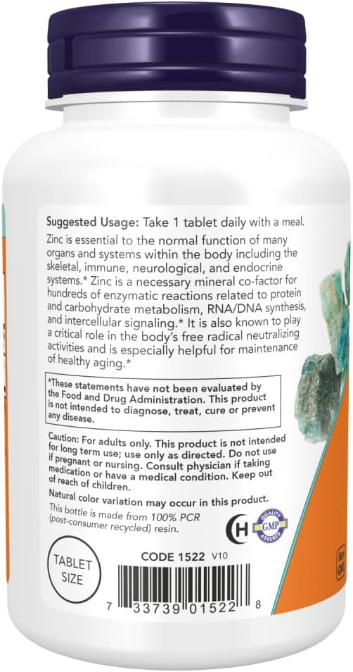 Now Foods Zinc (from 405mg of Zinc Gluconate), White, Unflavored, Tablet, 250 Count