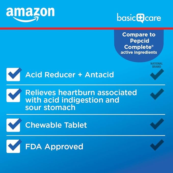 Amazon Basic Care Dual Action Complete, Chewable Acid Reducer Plus Antacid Tablets, Berry Flavor, Heartburn Medicine, Acid Indigestion Relief, 50 Count