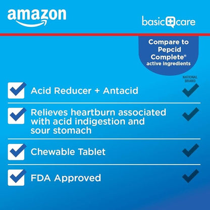 Amazon Basic Care Dual Action Complete, Chewable Acid Reducer Plus Antacid Tablets, Berry Flavor, Heartburn Medicine, Acid Indigestion Relief, 50 Count (Pack of 2)