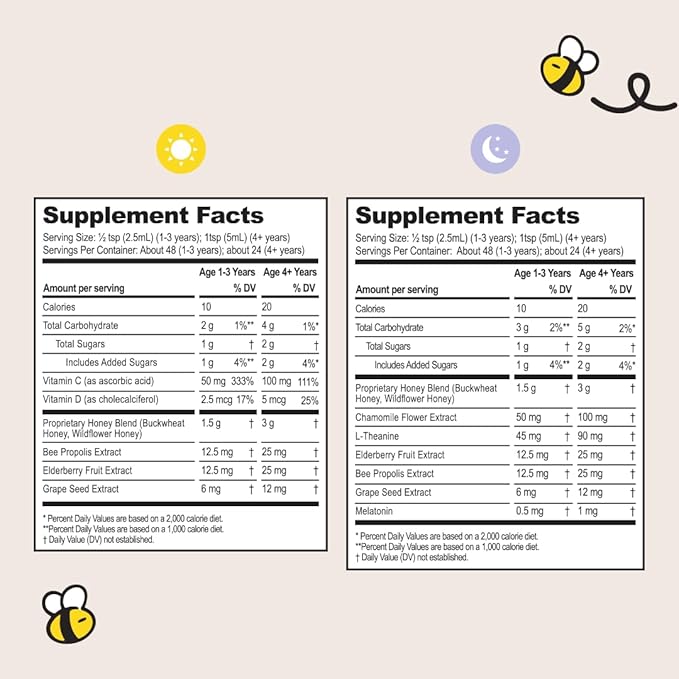 Beekeeper's Naturals Kids Honey Cough Syrup – Day & Night Value Pack – Immune Support with Elderberry, Vitamin C, D, Propolis & Raw Honey – Soothing, Clean Ingredients – Two Pack, 2 x 4 fl oz
