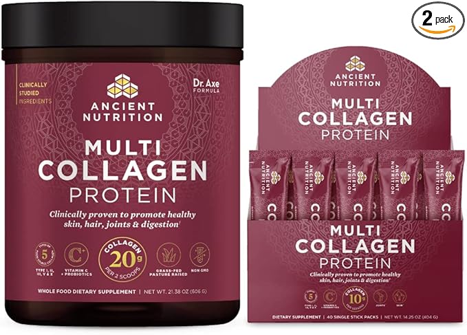 Ancient Nutrition Multi Collagen Protein Powder, Unflavored, 60 Servings + Multi Collagen Protein Powder Stick Packs, Unflavored, 40 Packs