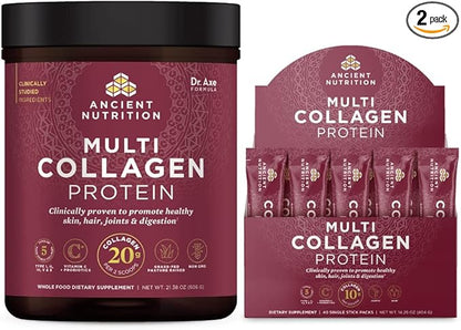 Ancient Nutrition Multi Collagen Protein Powder, Unflavored, 60 Servings + Multi Collagen Protein Powder Stick Packs, Unflavored, 40 Packs