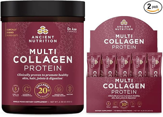 Ancient Nutrition Multi Collagen Protein Powder, Unflavored, 60 Servings + Multi Collagen Protein Powder Stick Packs, Unflavored, 40 Packs