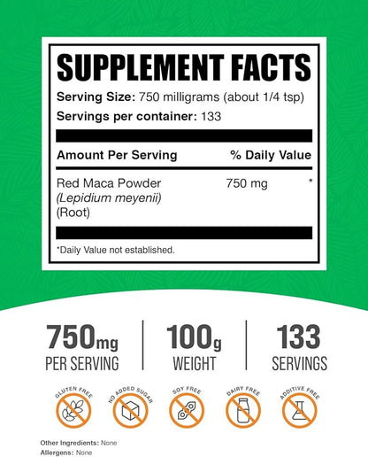 BulkSupplements.com Red Maca Powder - Maca Supplement. Red Maca Powder for Women & Men, Red Maca Root Powder - Vegan & Gluten Free, 750mg per Serving, 100g (3.5 oz) (Pack of 1)