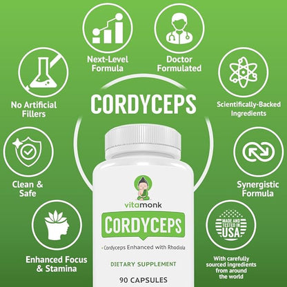 VitaMonk Cordyceps Mushroom Capsules with Rhodiola, 2 Grams of Cordyceps Mushroom Enhanced with Rhodiola - Boost Energy, Fight Stress, Enhance Performance, Non-GMO - 2000mg - 90 Caps