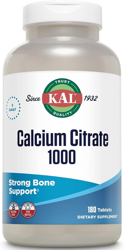 KAL Calcium Citrate 1000mg, Calcium Supplements for Women and Men, Bone Health, Teeth, Nervous, Muscular & Cardiovascular System Support, Gluten Free and Lab Verified, 60 Servings, 180 Tablets