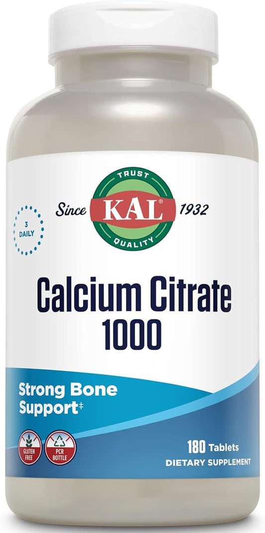 KAL Calcium Citrate 1000mg, Calcium Supplements for Women and Men, Bone Health, Teeth, Nervous, Muscular & Cardiovascular System Support, Gluten Free and Lab Verified, 60 Servings, 180 Tablets