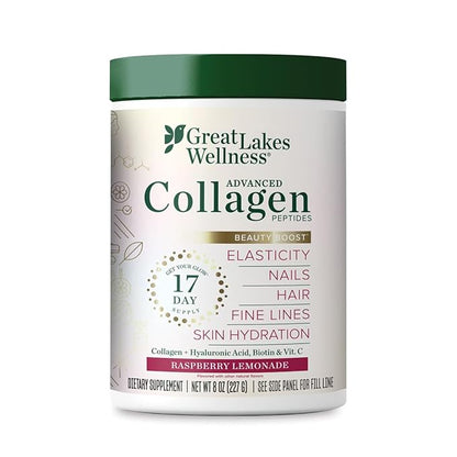 Great Lakes Wellness Beauty Boost Advanced Collagen Peptides Powder with Hyaluronic Acid, Biotin, Vitamin C - Skin Elasticity and Hydration - Raspberry Lemonade Flavor - Non-GMO, Keto, Kosher - 8 oz