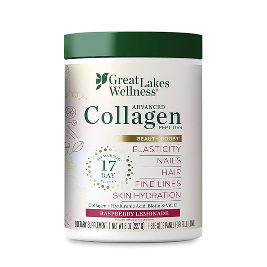 Great Lakes Wellness Beauty Boost Advanced Collagen Peptides Powder with Hyaluronic Acid, Biotin, Vitamin C - Skin Elasticity and Hydration - Raspberry Lemonade Flavor - Non-GMO, Keto, Kosher - 8 oz