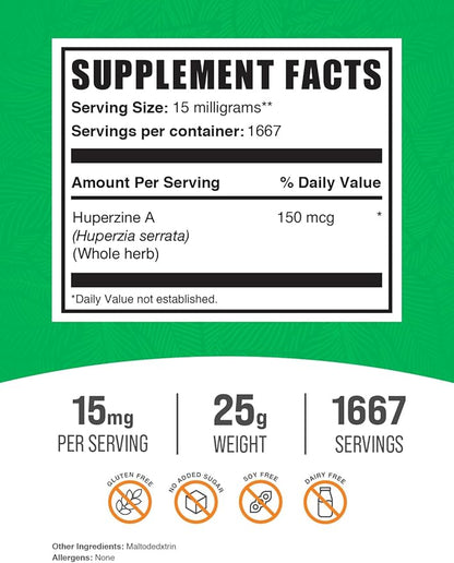 BulkSupplements.com Huperzine A Powder - Pure Huperzine Supplement, Nootropic & for Cognitive Health - 15mg of Huperzia Serrata Powder per Serving, Gluten Free (25 Grams - 0.88 oz)