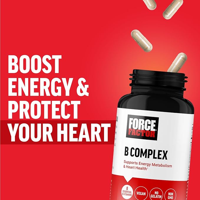 FORCE FACTOR Vitamin B Complex to Support Energy, Vitality, and Heart Health, Includes Vitamin B1, Vitamin B2, Vitamin B3, Vitamin B6, Vitamin B12, and More, Vegan, Non-GMO, 60 Vegetable Capsules